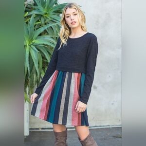 Eloges Casual Pullover Mini Dress, Size XL Black w/ Coral and Teal Multi Stripes